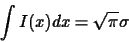 \begin{displaymath}\int I(x) dx=\sqrt{\pi}\sigma
\end{displaymath}